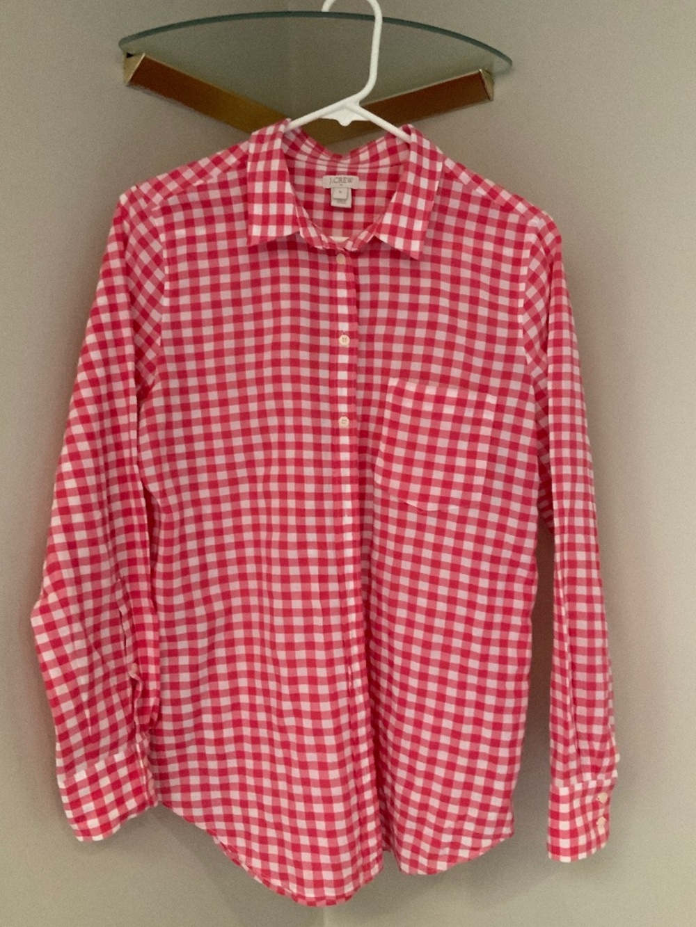 JCrew Pink White M Gingham Long Sleeve button up Cottagecore Coastal Beach